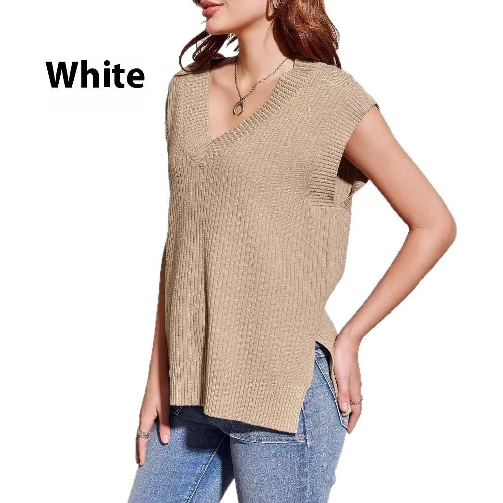 Women's V-neck sleeveless pullover vest in striped pattern with loose fit