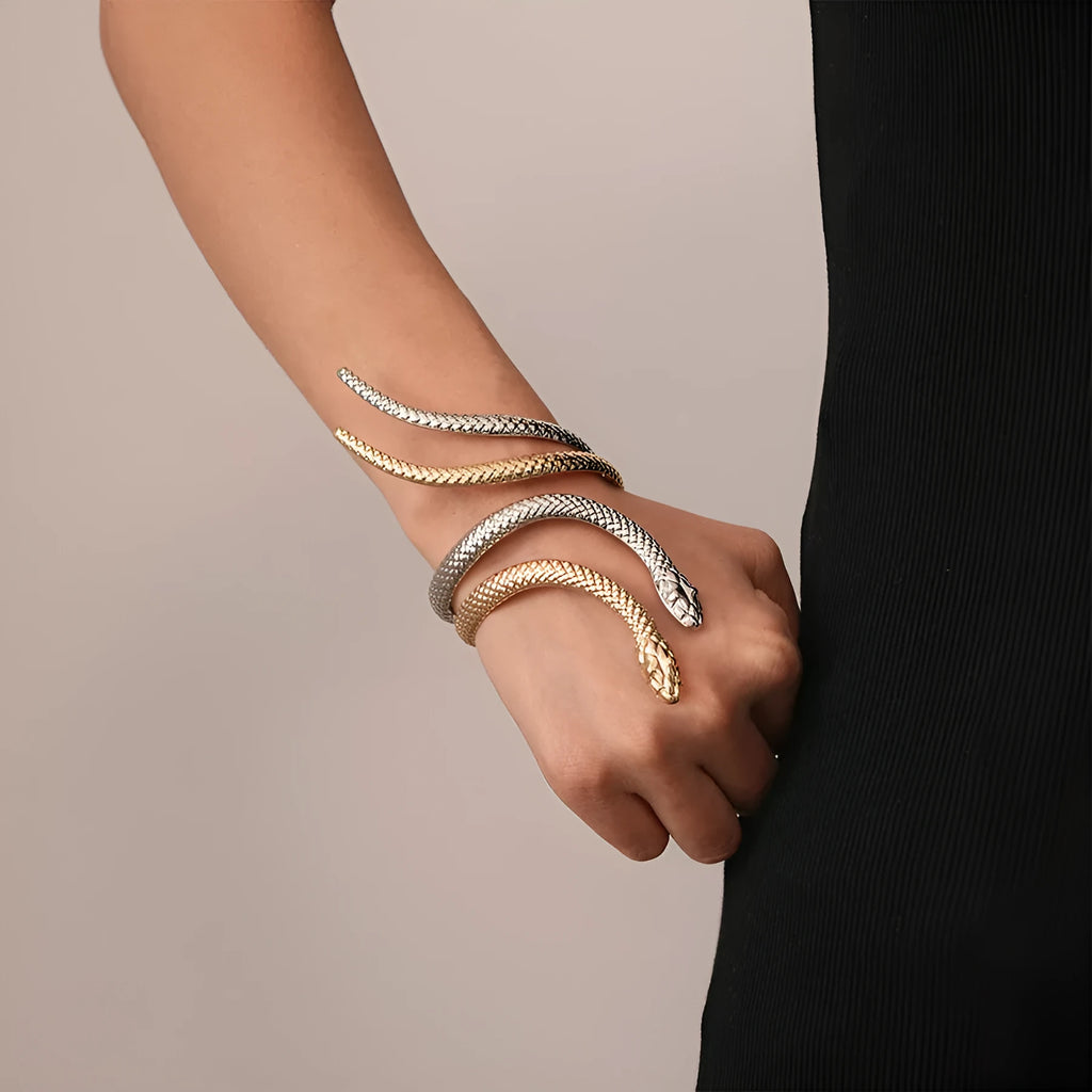 Exaggerated twisted winding snake simulation metal ring and bracelet 2-piece jewellery set