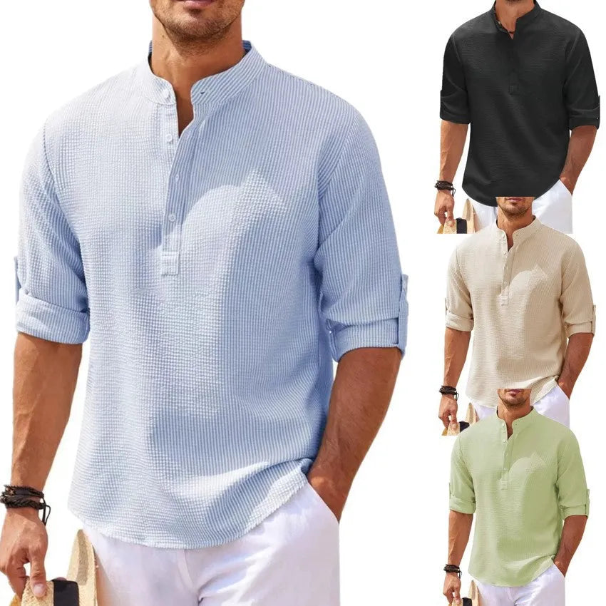 Men's casual stand collar pullover shirt with pineapple texture in polyester, eight colour options, loose fit