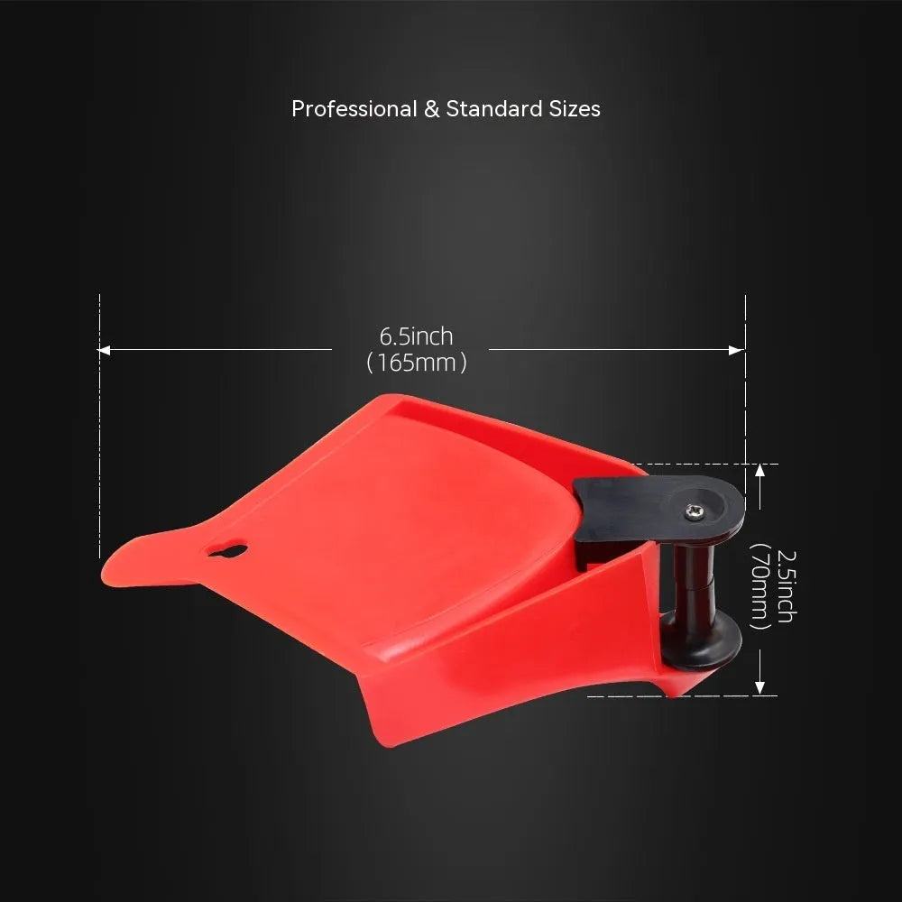 Set of four red triangular plastic car parking blocks or wheel stops on a grey background.