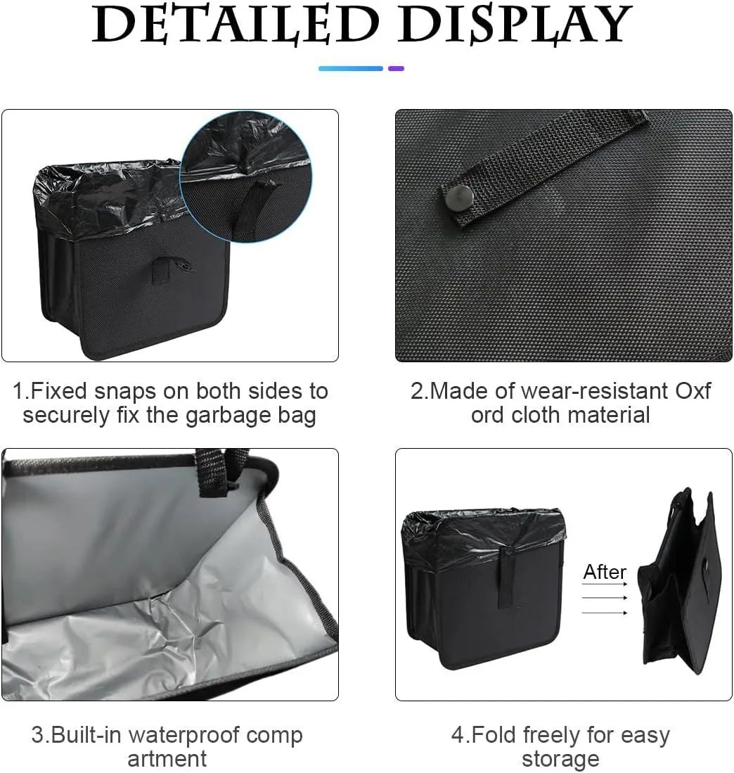 Black waterproof Oxford cloth car hanging trash can folded and unfolded showing 220x145x220mm dimensions