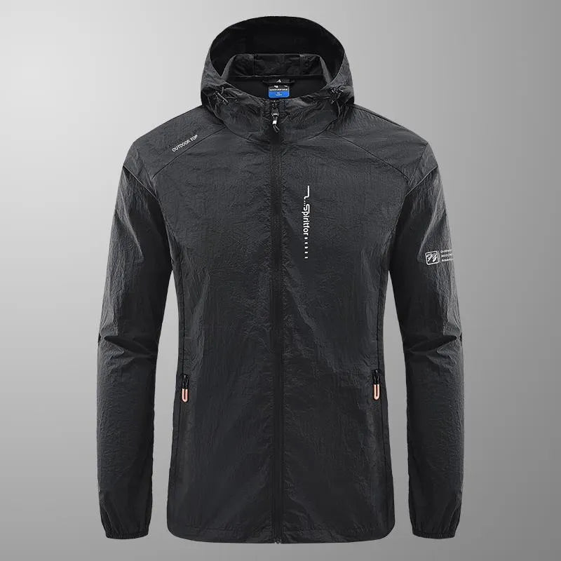 Men's loose-fit light grey nylon hooded jacket for summer outdoor wear.