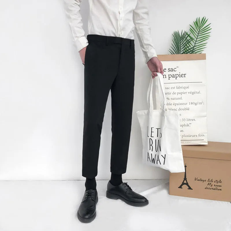 Men's slim straight cotton trousers in black, grey, or khaki with drawstring waist