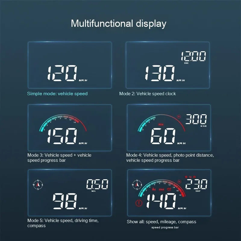 Black universal car head-up display GPS projector showing speed and compass data projection