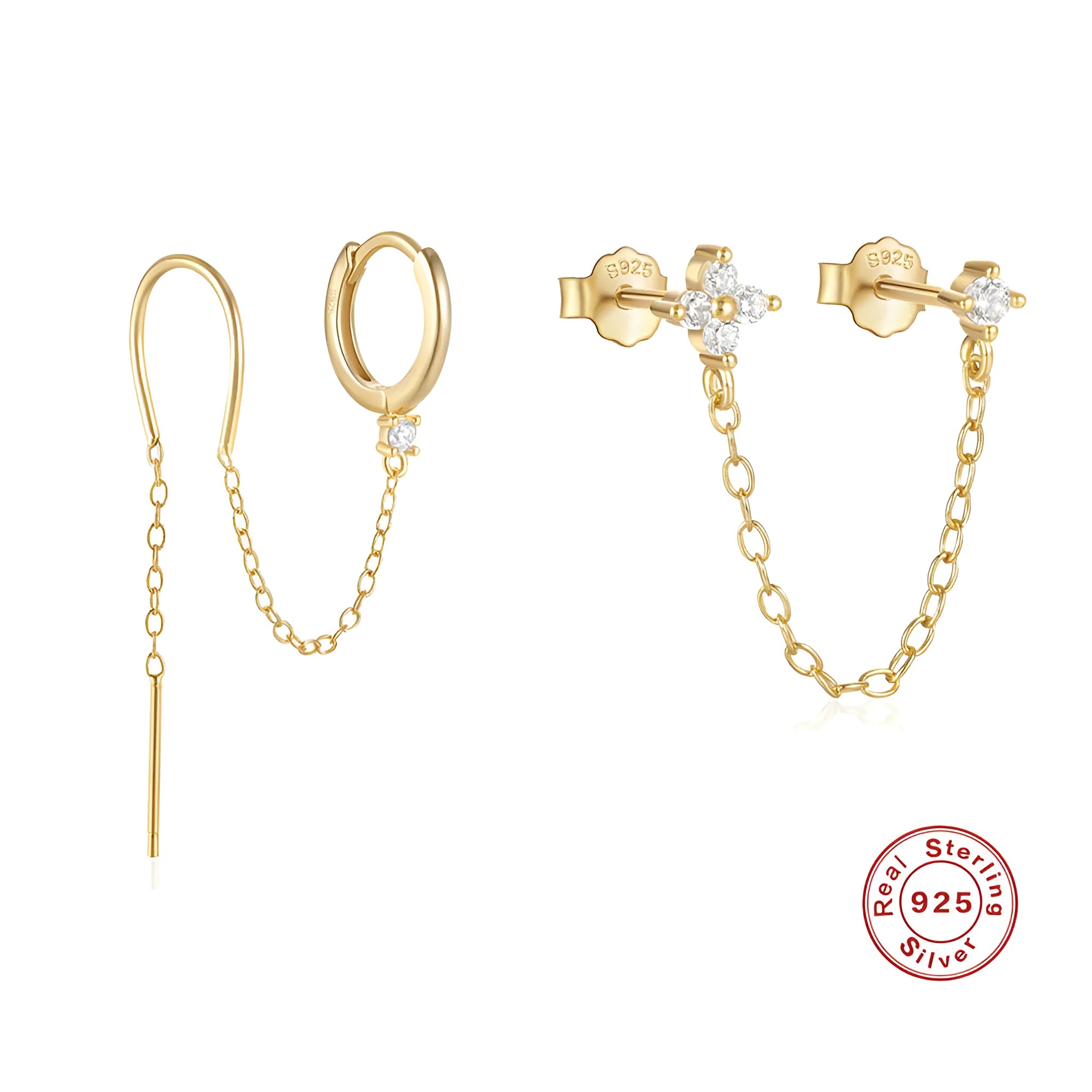 S925 sterling silver geometric stud earrings with gold electroplated flower, tassel, and chain design.