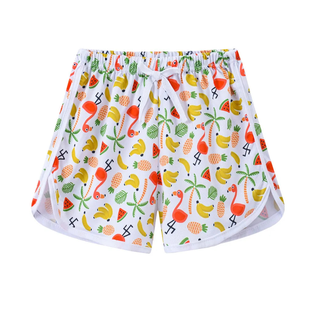 Children's polyester beach shorts in multiple colours and patterns with size options from 100 to 140 yards
