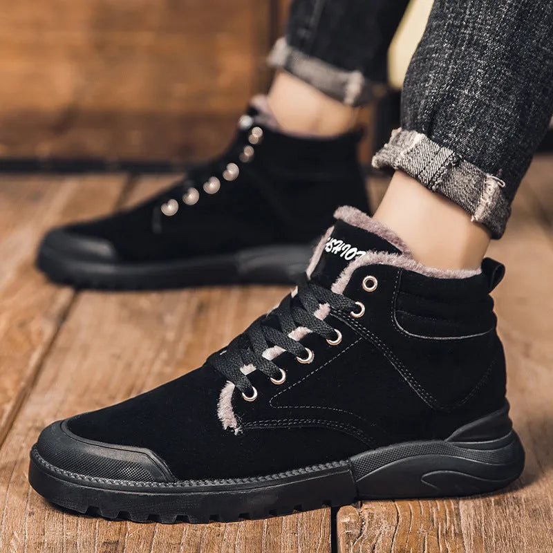 Men's winter ankle boots warm plush shoes suede upper rubber sole round toe flat heel high top front tie solid colour black grey yellow