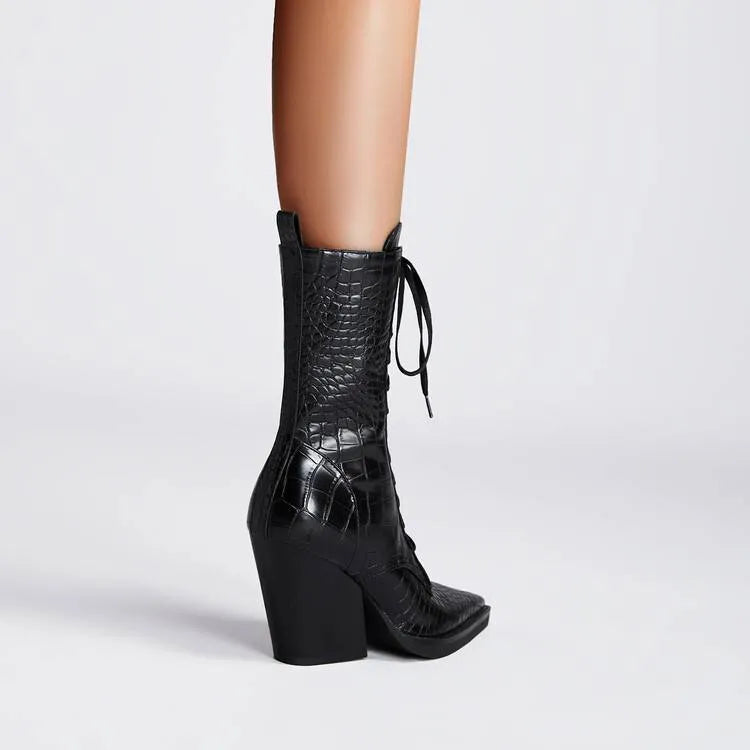 Women's dark brown pointed toe boots with a chunky heel, retro stone pattern, and side zipper.
