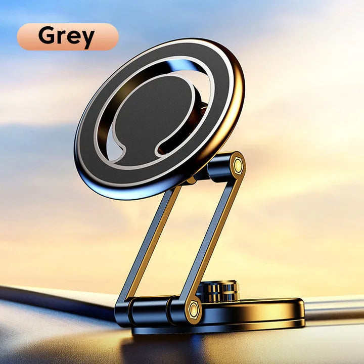 Telescopic folding magnetic car phone holder in black or silver mounted on a car dashboard.