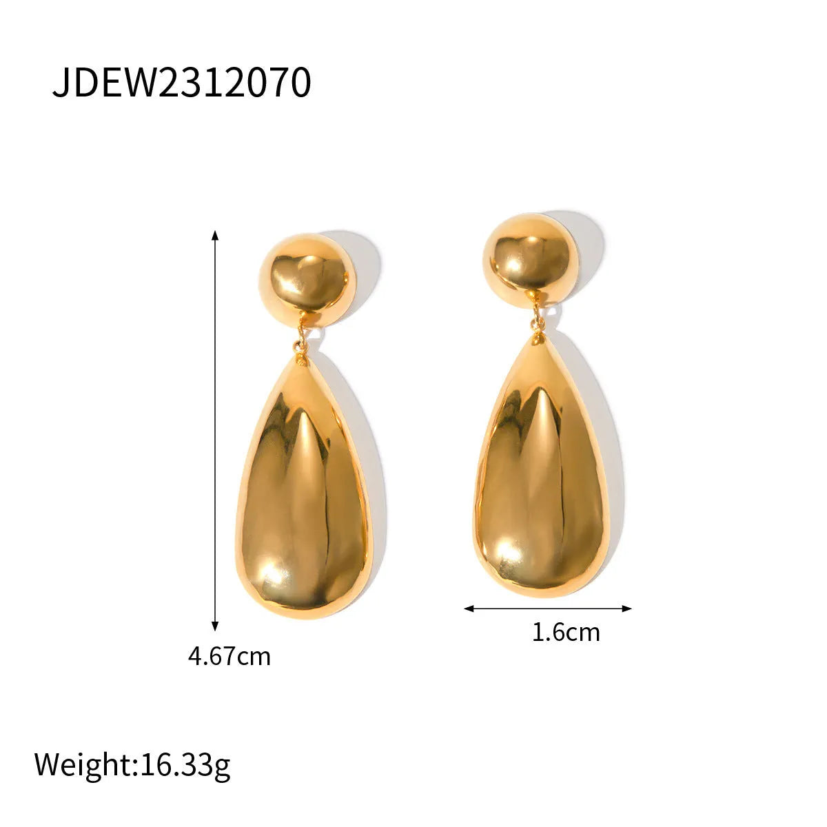 Gold electroplated stainless steel water droplet earrings with geometric hemisphere pendant design