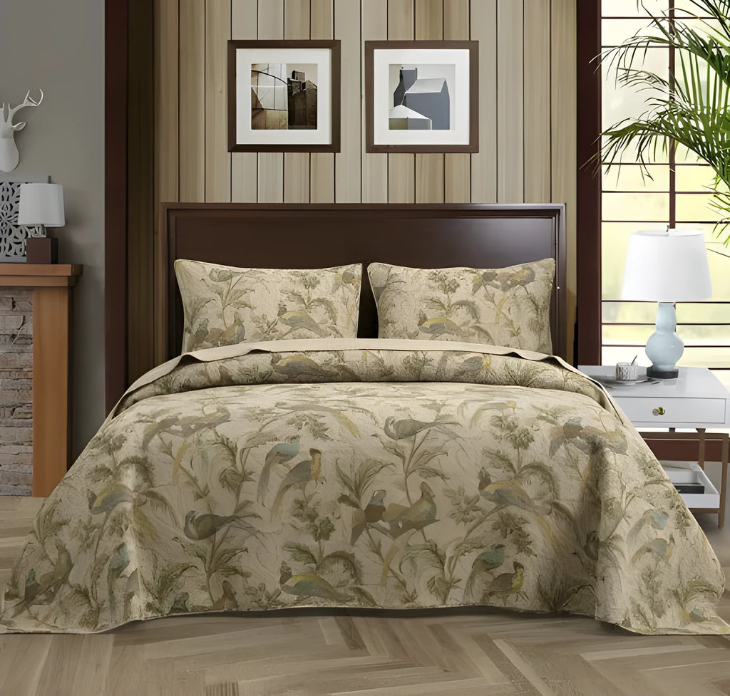 Blue American style floral bird quilted cotton bedspread set on a bed