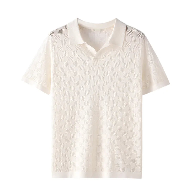 Men's short sleeve lapels sweater in mulberry silk jacquard for business casual wear.