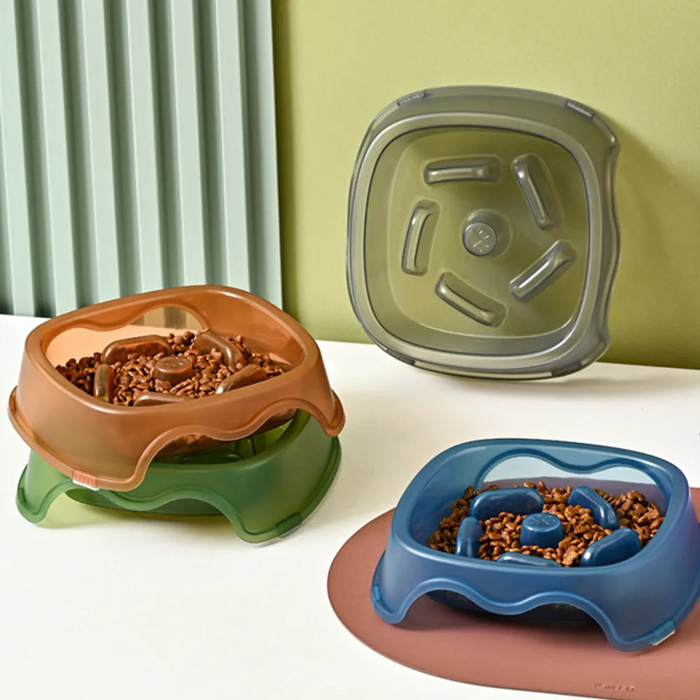 Blue plastic slow feeder dog bowl with raised internal maze pattern to prevent fast eating.