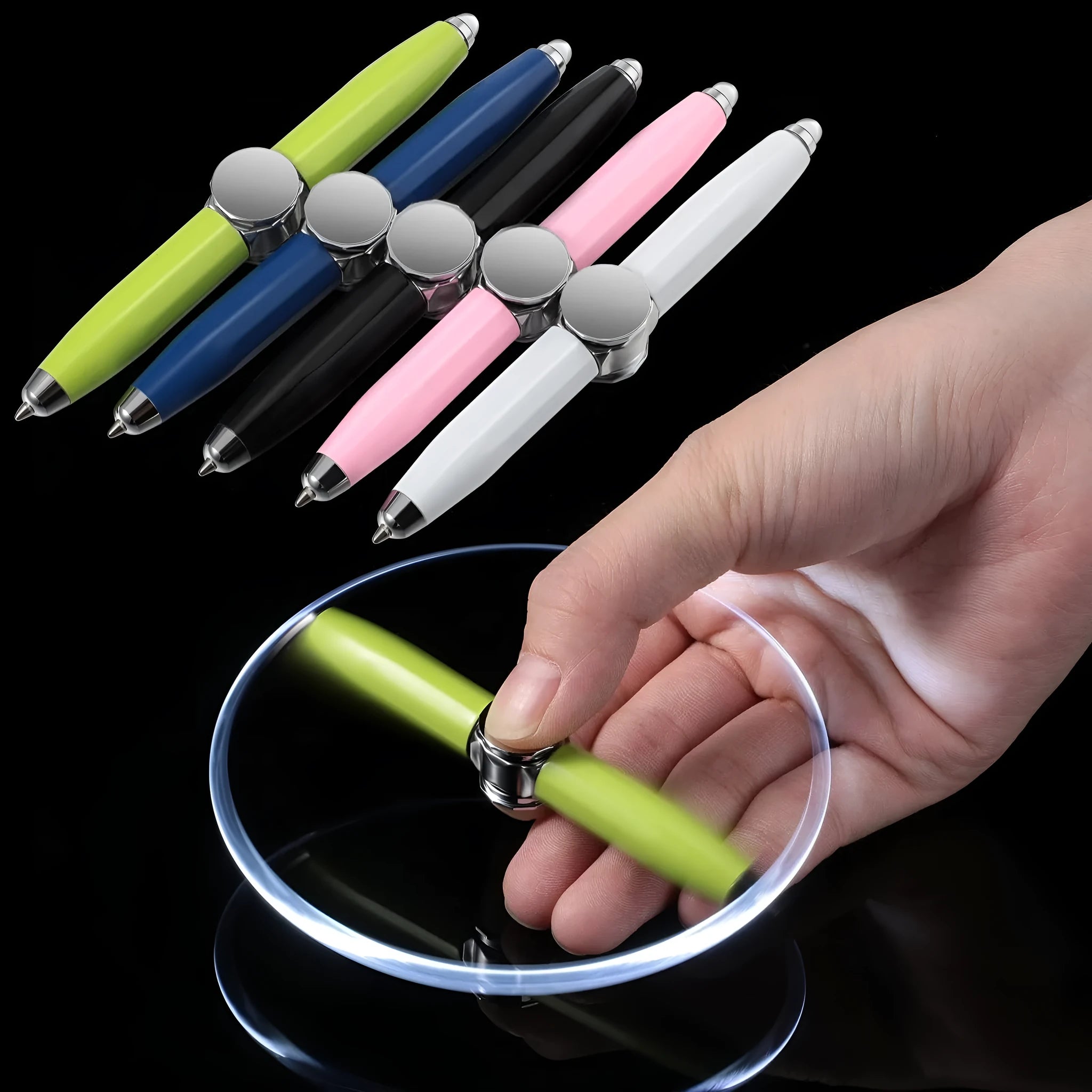 Metal spinning gyro ballpoint pen showing 10.5cm length with multiple refill colour options