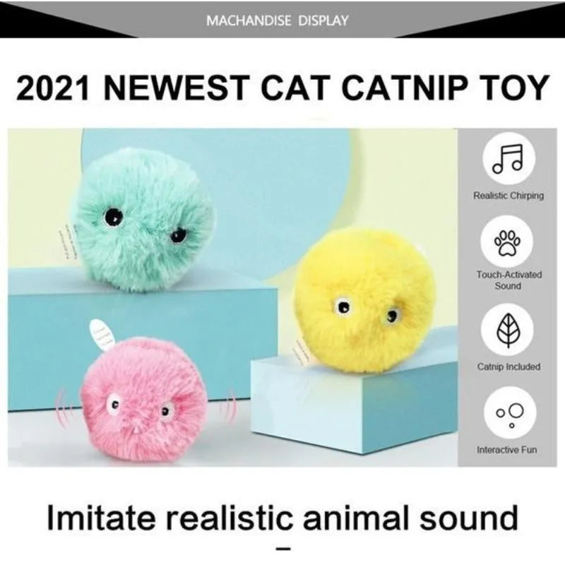 Blue, pink and yellow interactive cat toy balls that make animal sounds
