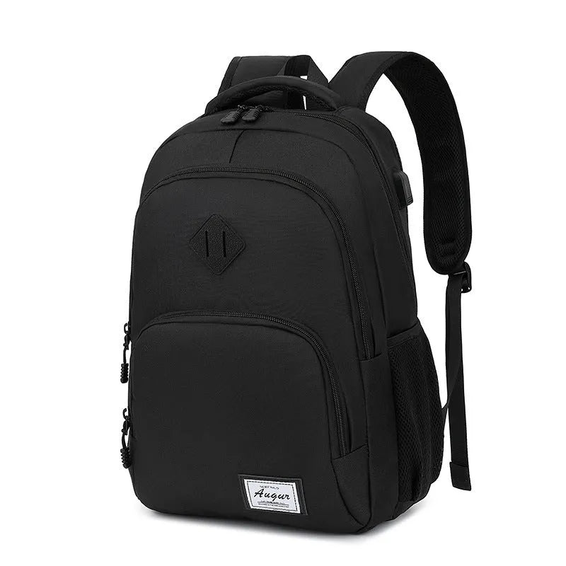 Grey and black lightweight backpack with USB charging port showing 32x15x46cm dimensions.
