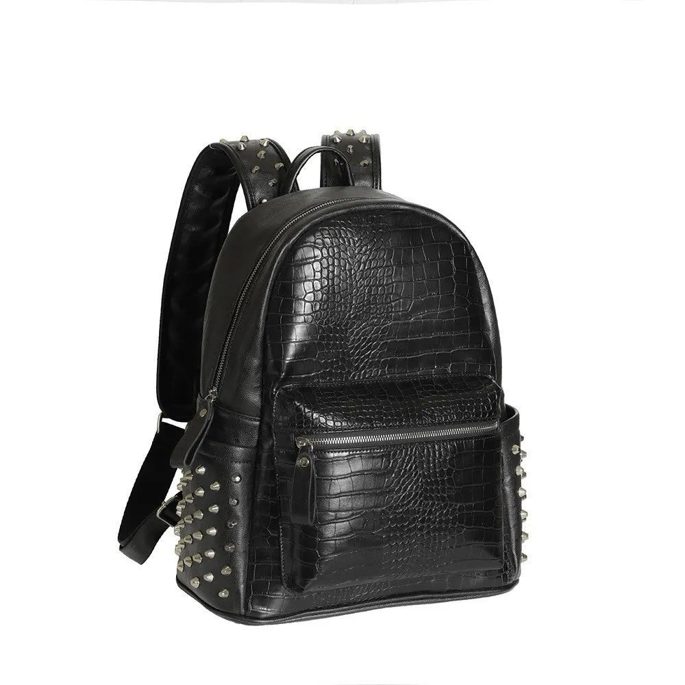 Black PU leather computer schoolbag with rivet detailing showing 36-55L capacity