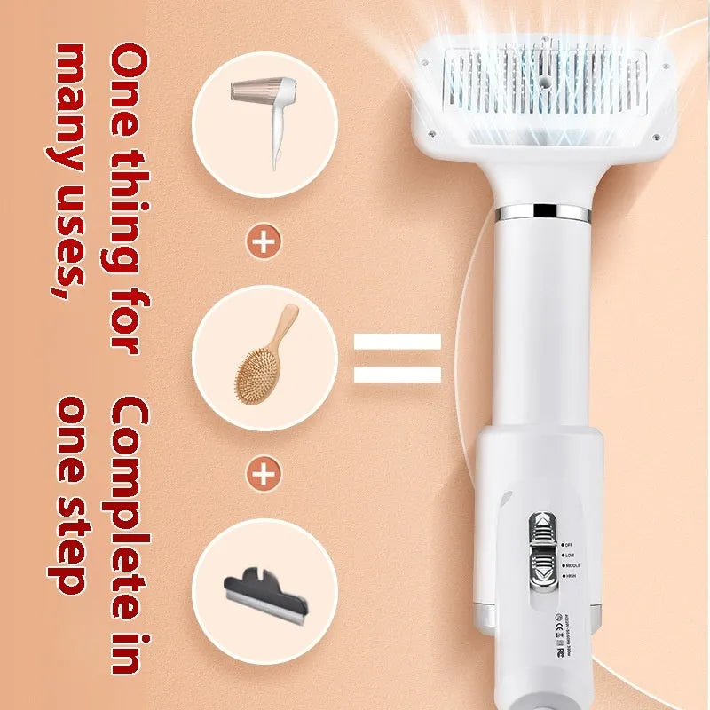 A beige and blue pet hair dryer comb grooming tool with UK plug on a white background.