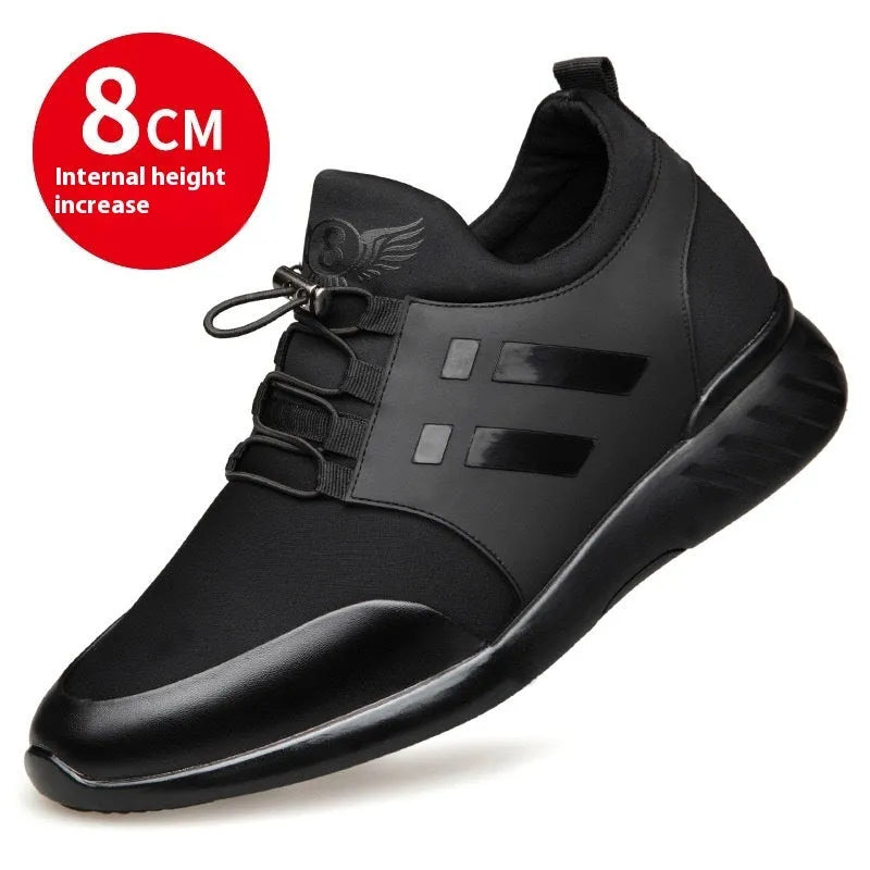 Men's black casual height increasing shoes with chunky rubber sole, shown in leather, mesh, and Lycra upper options.