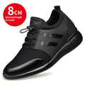 Men's black casual height increasing shoes with chunky rubber sole, shown in leather, mesh, and Lycra upper options.