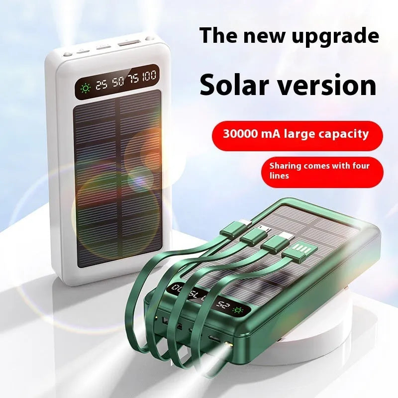 30000mAh solar power bank with cable in black, white, or green colours