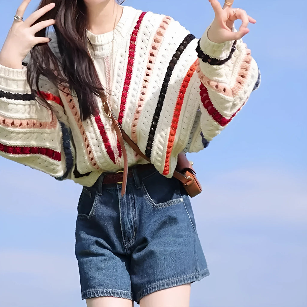 Retro rainbow striped hollow knit sweater with batwing sleeves and round neck in loose fit