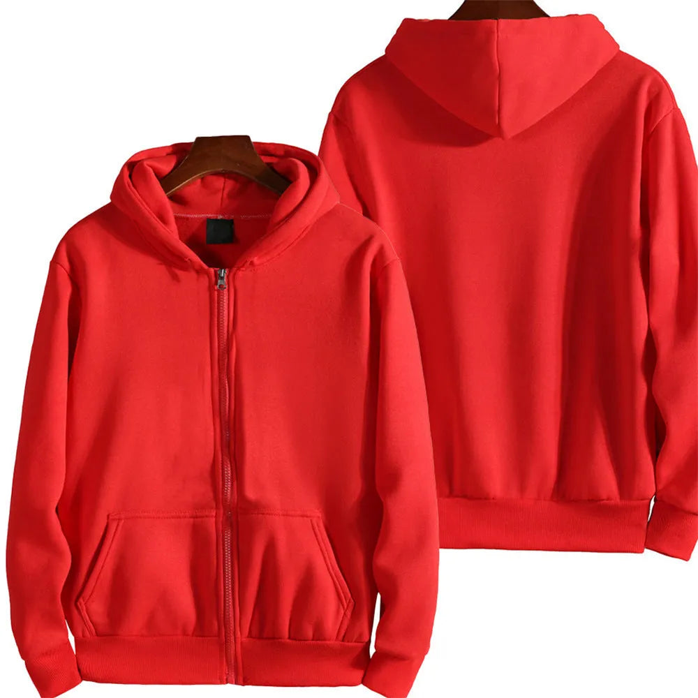 Men's loose fitting solid colour zip-front sports jacket cardigan on a hanger