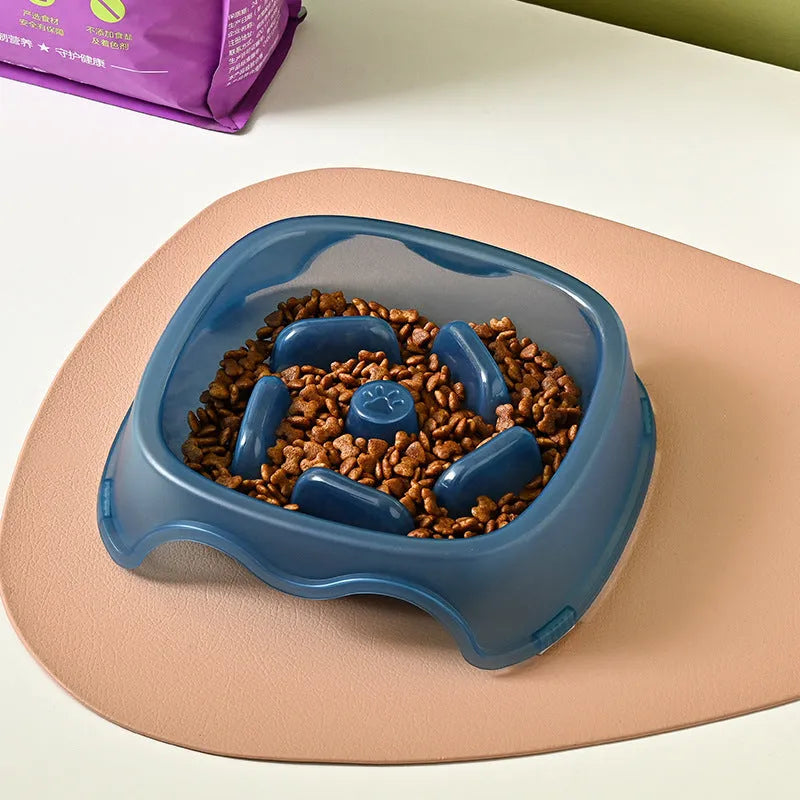 Blue plastic slow feeder dog bowl with raised internal maze pattern to prevent fast eating.