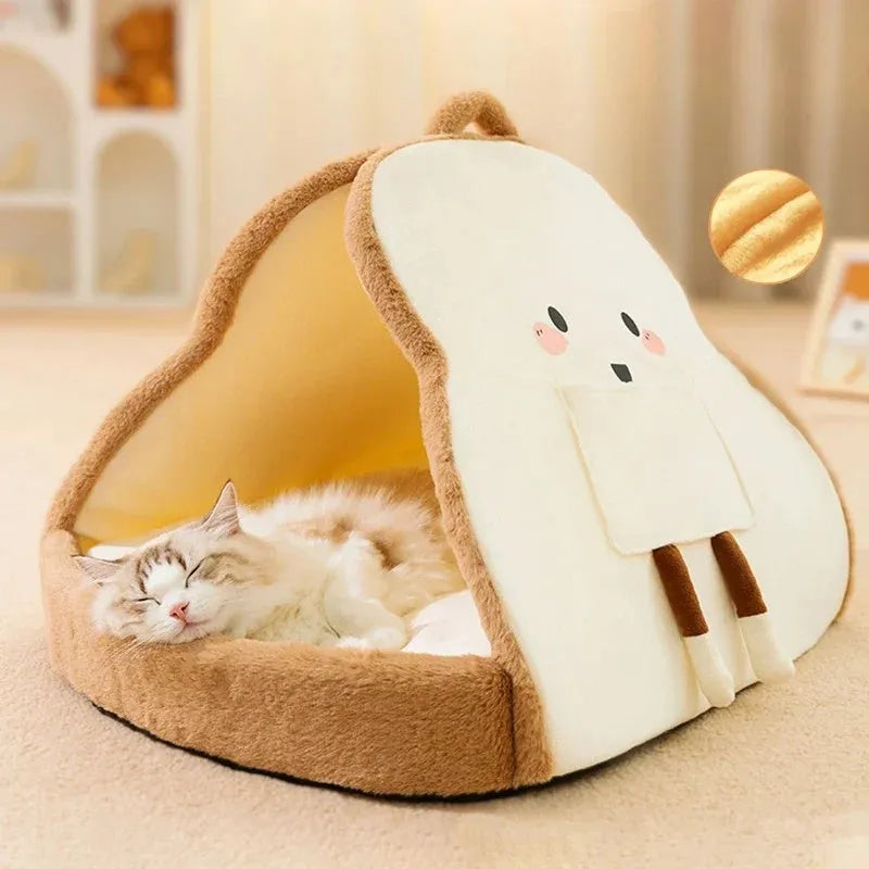 Green winter cat tent cave bed with plush blanket inside, shown in size L.