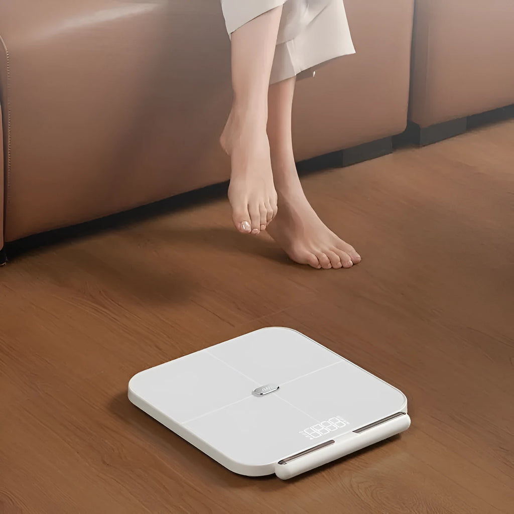 White professional body fat scale with eight electrodes and large tempered glass platform