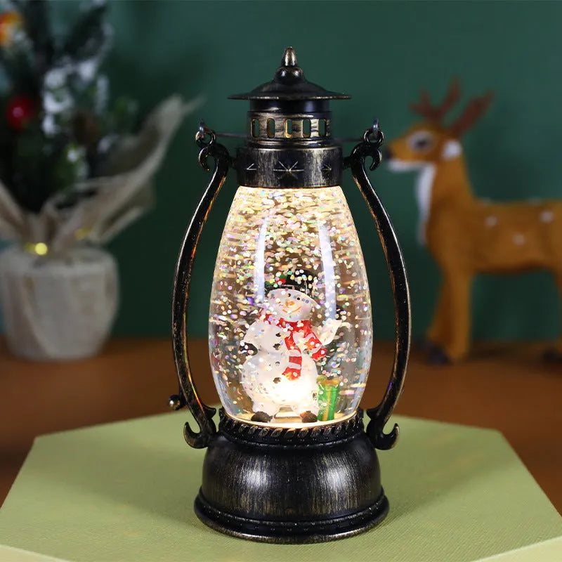 Crystal ball portable oil lamp Christmas decoration with light-emitting feature and snowman or elderly figure.