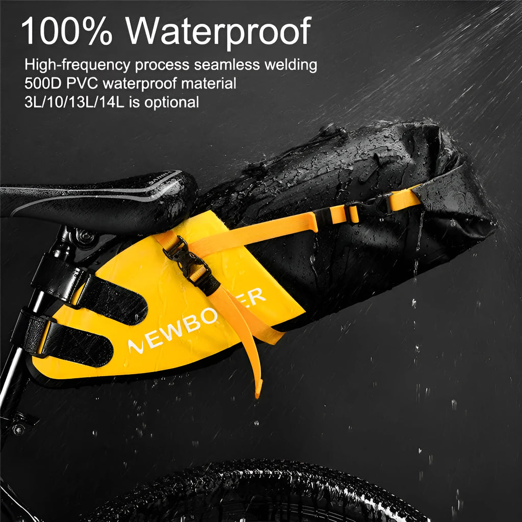 Large waterproof PVC bicycle tail bag in black, green, or yellow, showing 13-litre capacity.