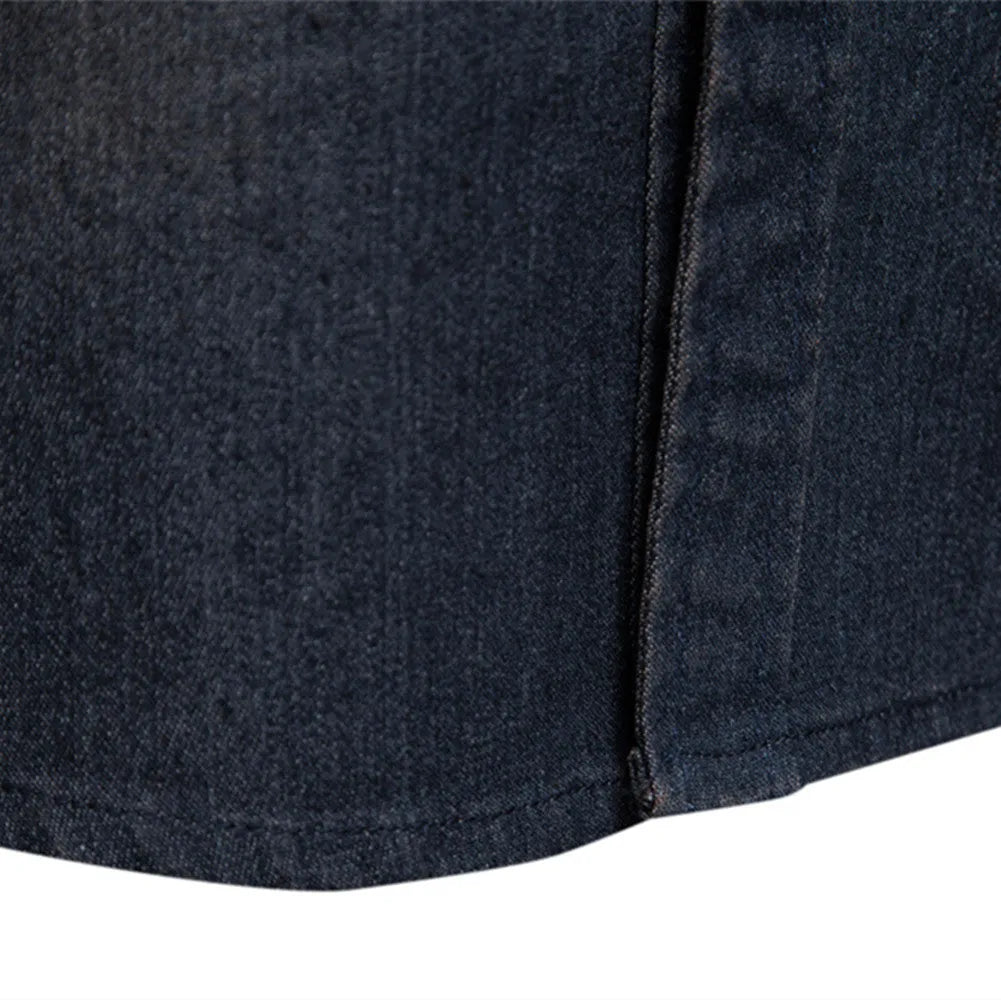 Men's slim fit long sleeve cotton denim shirt in a solid colour on a hanger