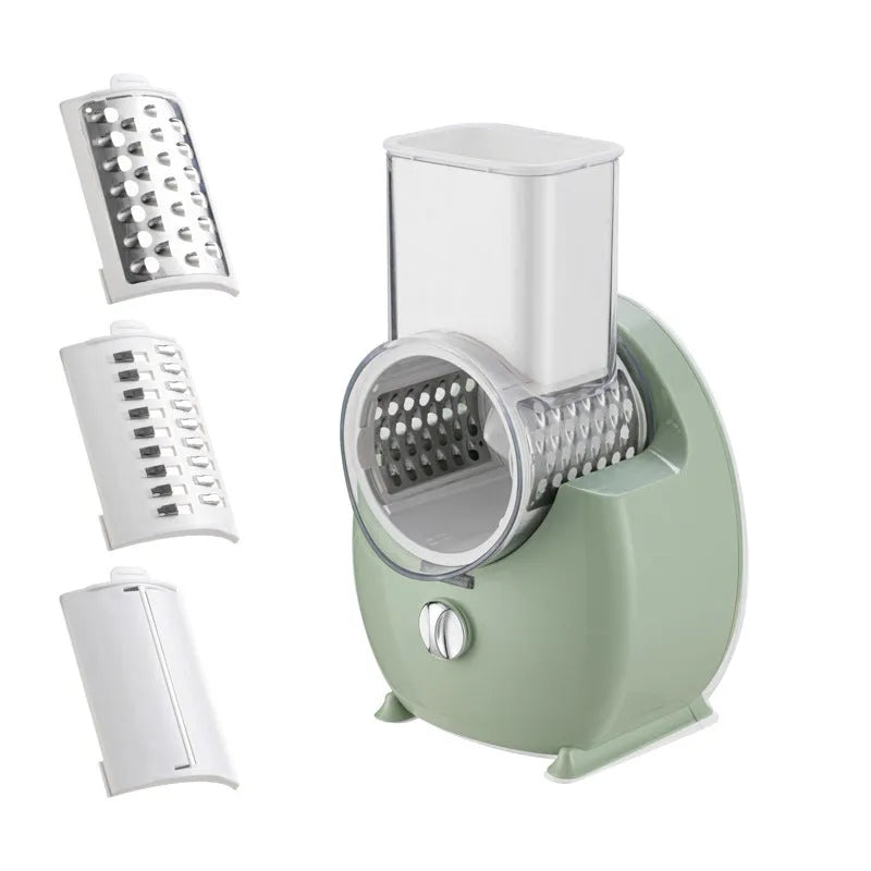 White electric vegetable slicer with rotary cutting mechanism and suction base for kitchen use
