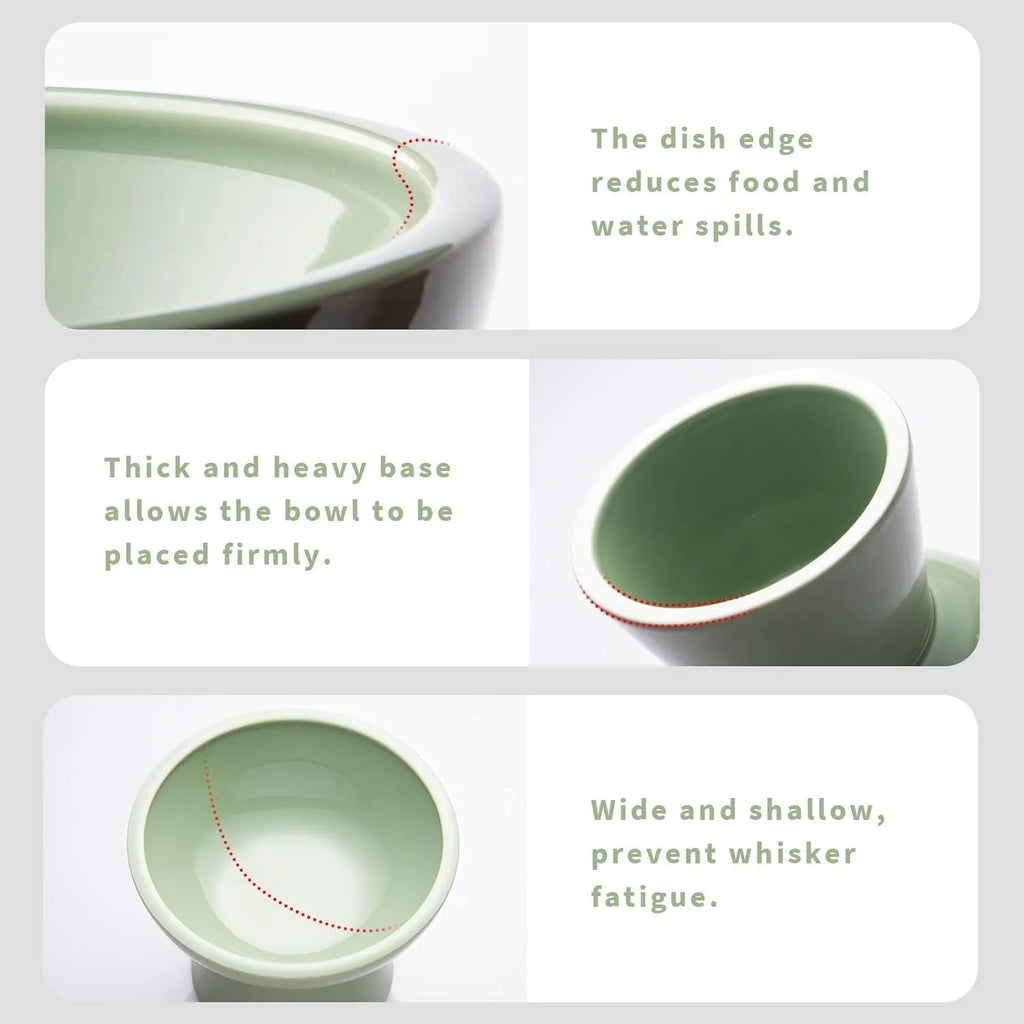 Blue ceramic elevated cat bowl with wide shallow design for food or water