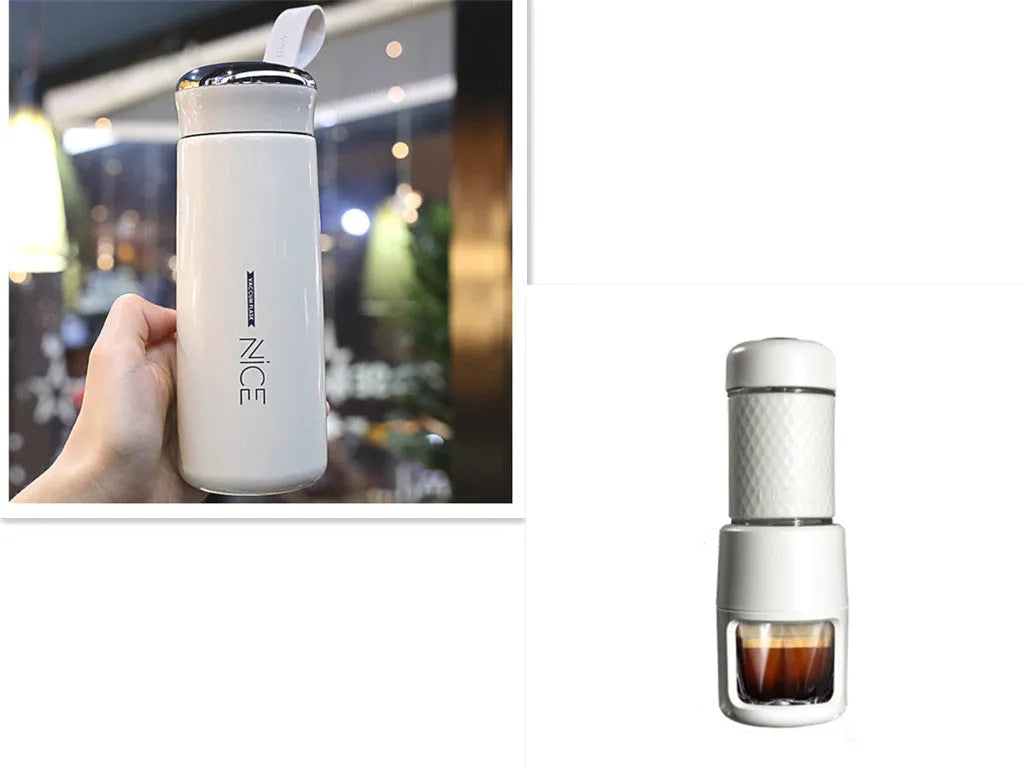 Portable manual espresso coffee machine in stainless steel with 7x7x20.3cm compact size