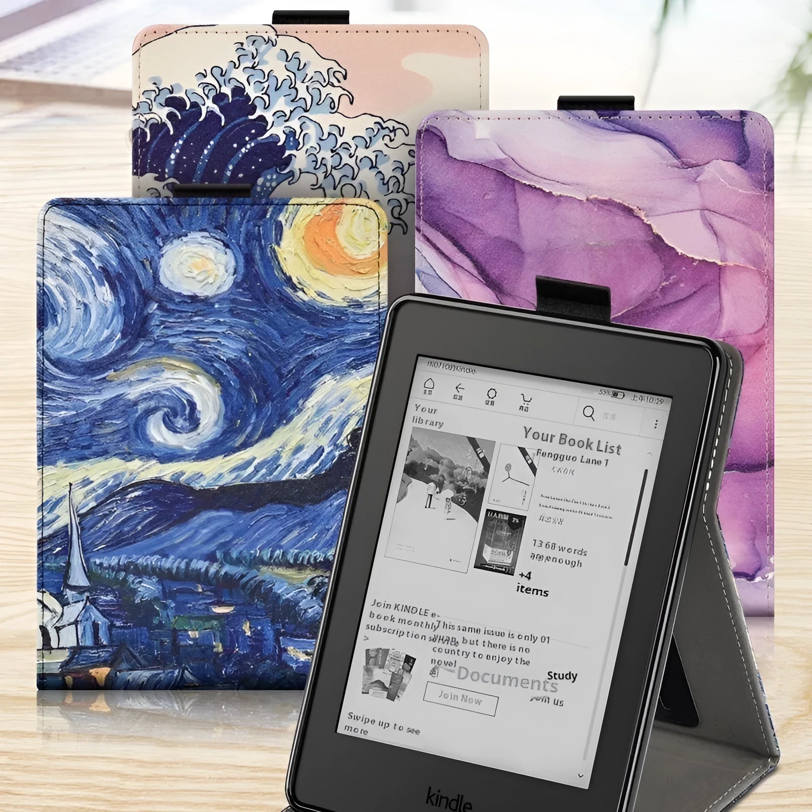 6-inch painted leather Kindle protective case in a bracket style, showing a Van Gogh starry sky print design.