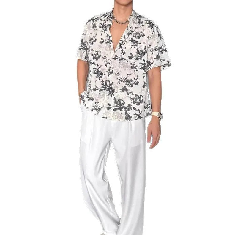 Printed floral pattern short sleeve shirt in loose cardigan style