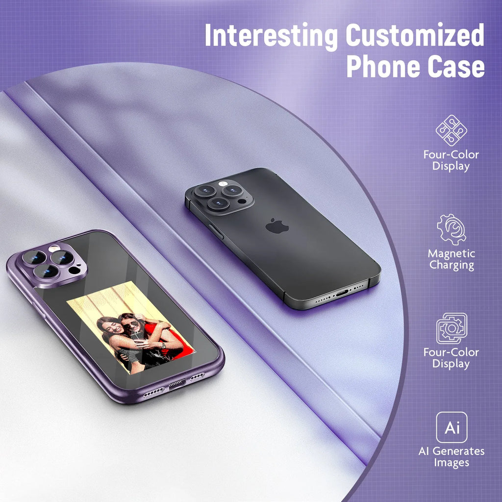 Black and purple IPhone 15 Pro Max NFC flip phone case with a customisable ink screen display.