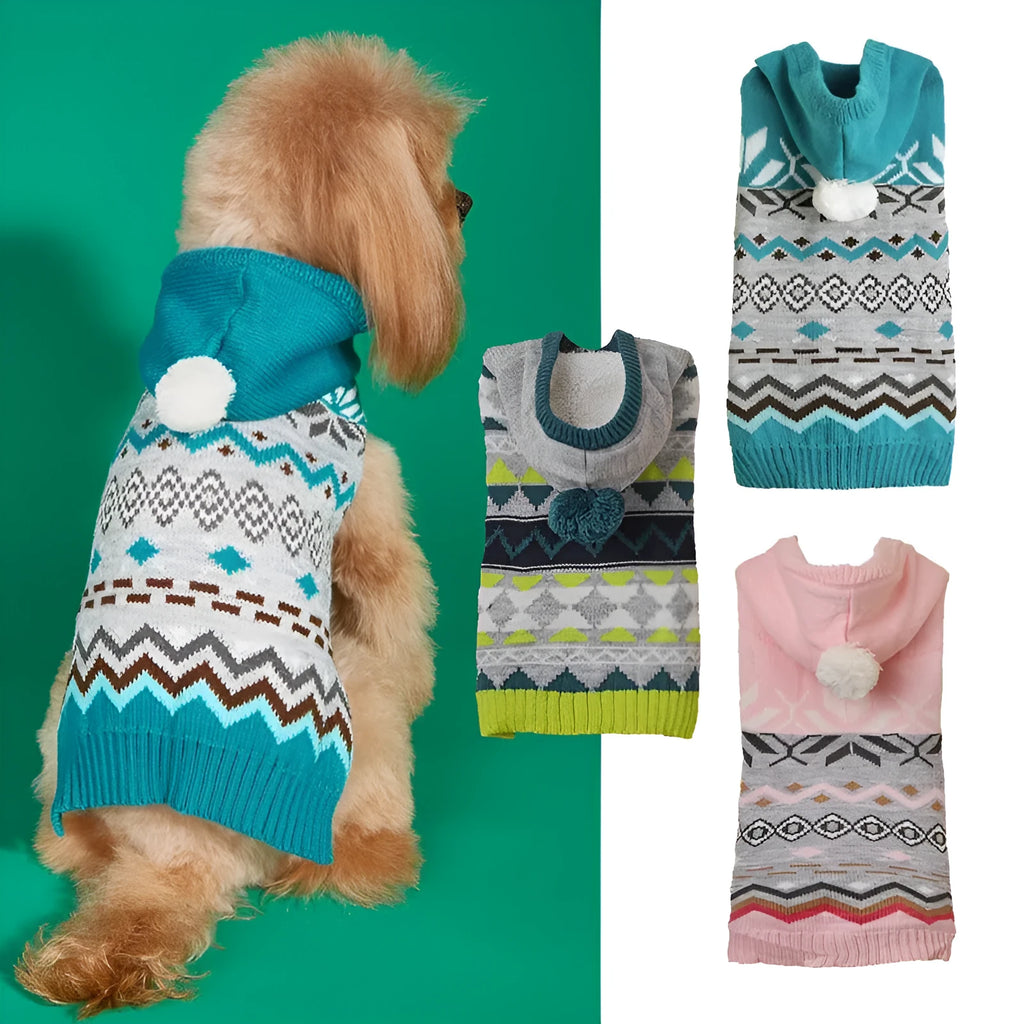 Green diamond pattern acrylic pet sweater for dogs on size guide showing XS to XL options