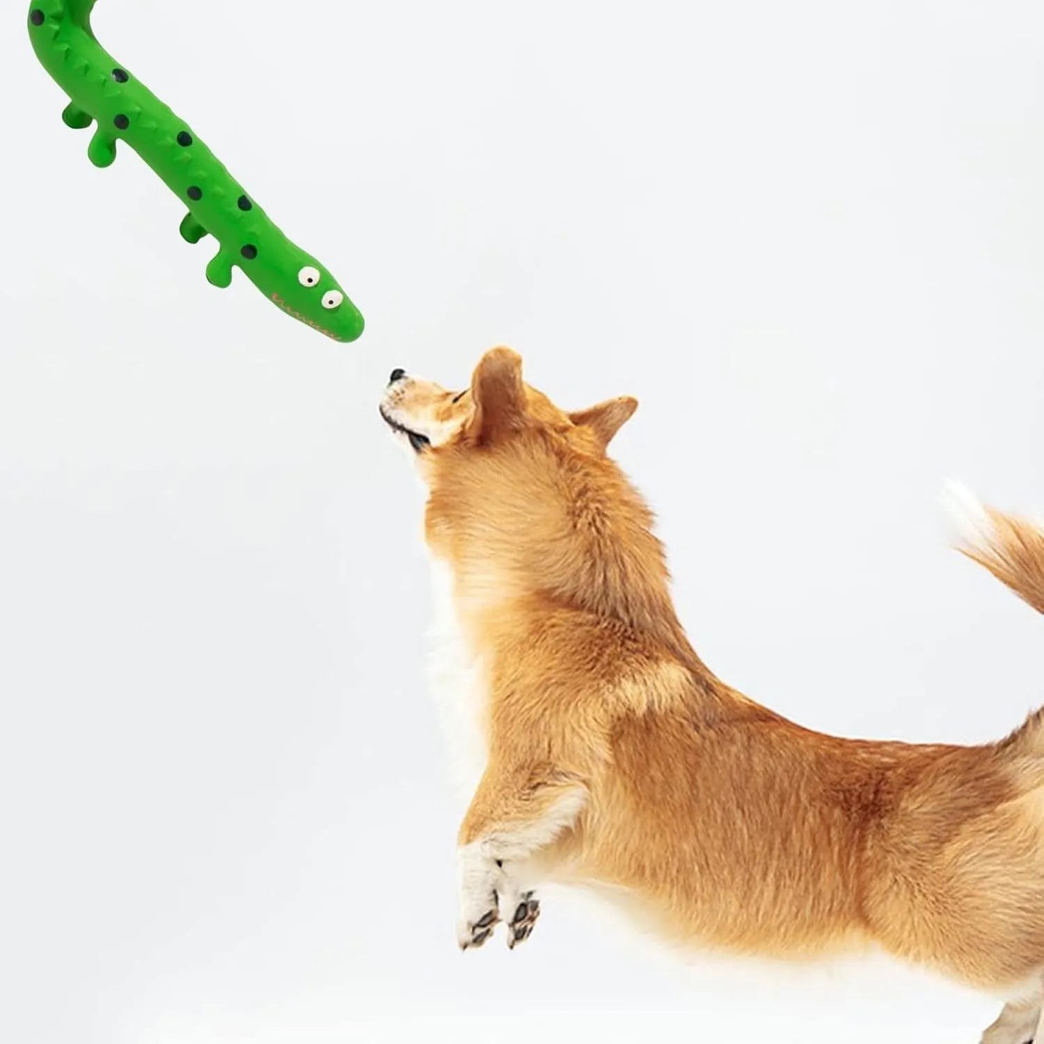 Green cartoon lizard-shaped dog chew toy with textured surface for dental cleaning