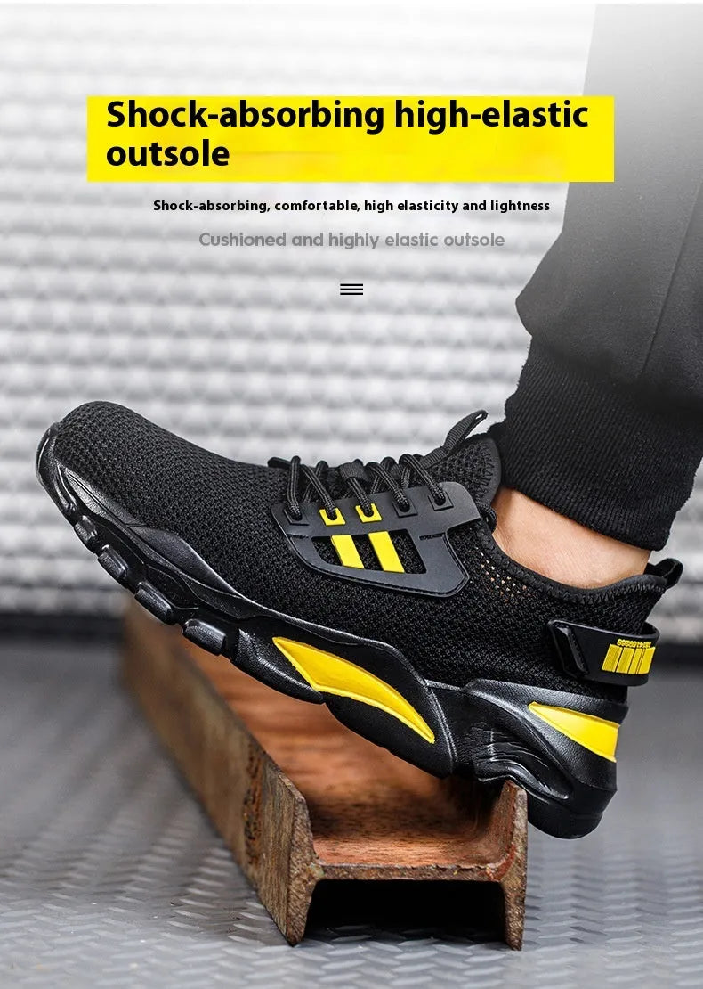 Men's black low-top safety work shoes with Flyknit upper and steel toe cap on a white background