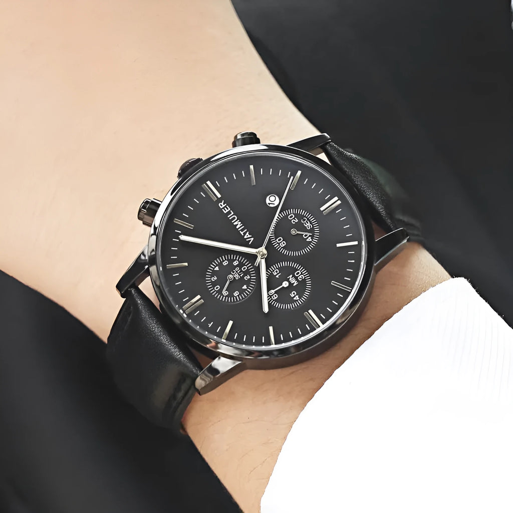 Men's business quartz watch with genuine leather strap, stainless steel case, slim 8mm profile, and 10mm dial in all black colour