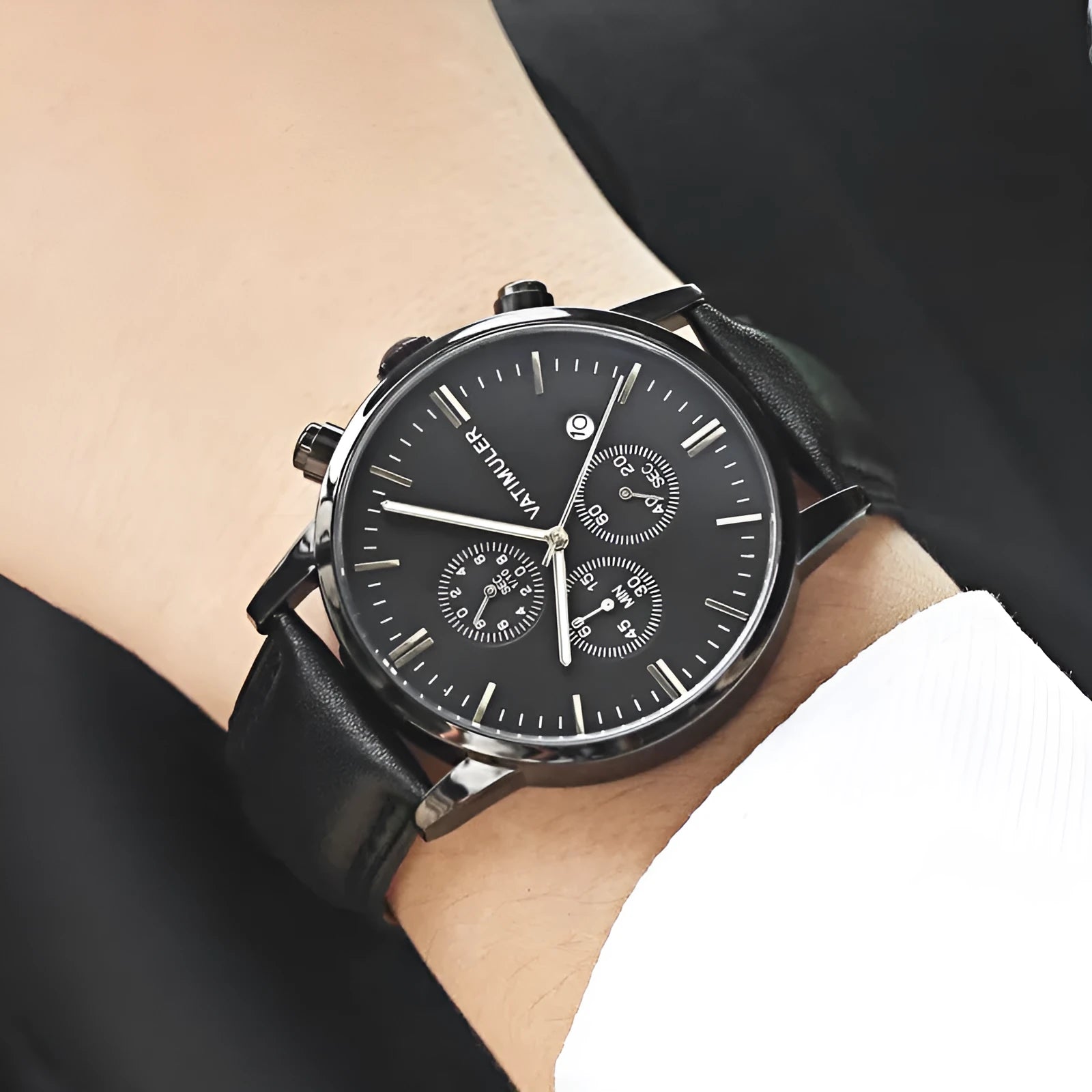 Men's business quartz watch with genuine leather strap, stainless steel case, slim 8mm profile, and 10mm dial in all black colour