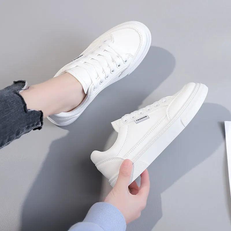 Women's low-top Korean style sneakers in white and brown with PU leather uppers