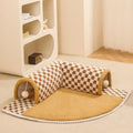 Brown plaid cat tunnel bed with central mat showing non-slip bottom and zipper closure