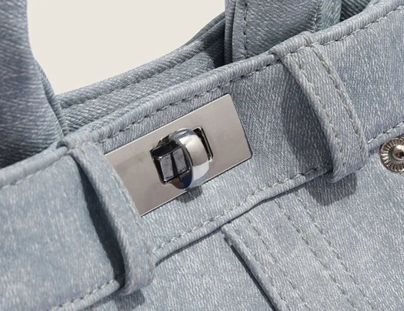 Women's casual PU shoulder handbag in denim blue or white colour, standard size with soft material