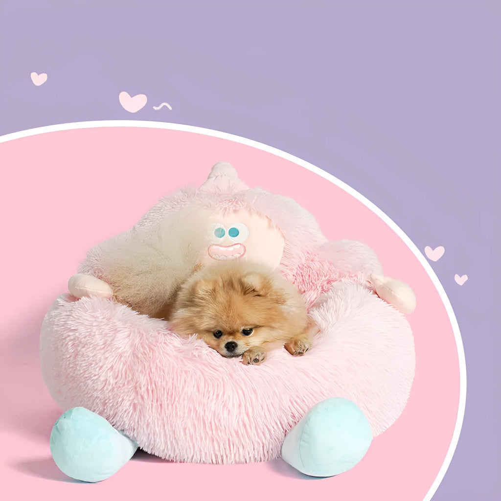Grey and pink thick plush pet nest beds for cats and dogs in three sizes.