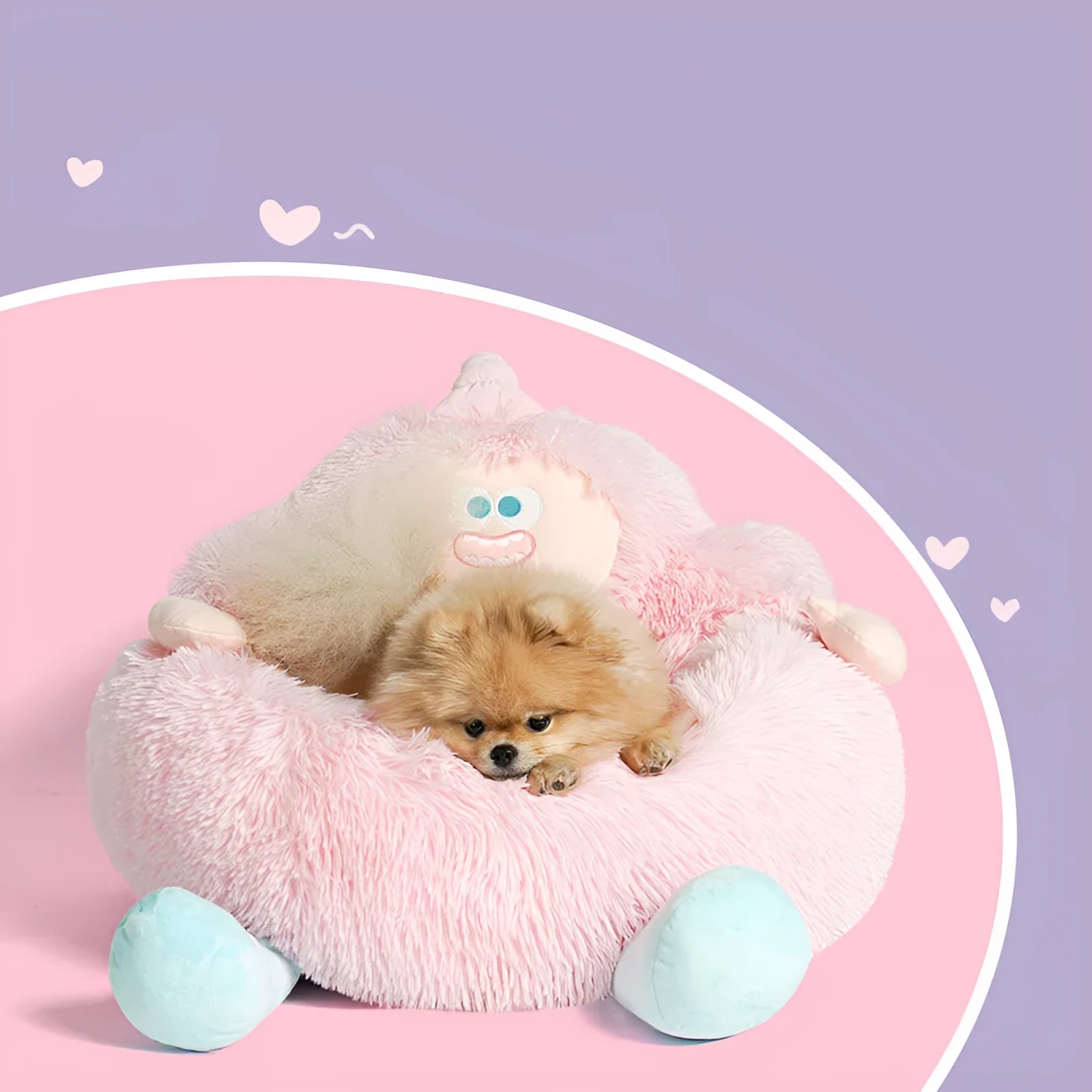 Grey and pink thick plush pet nest beds for cats and dogs in three sizes.