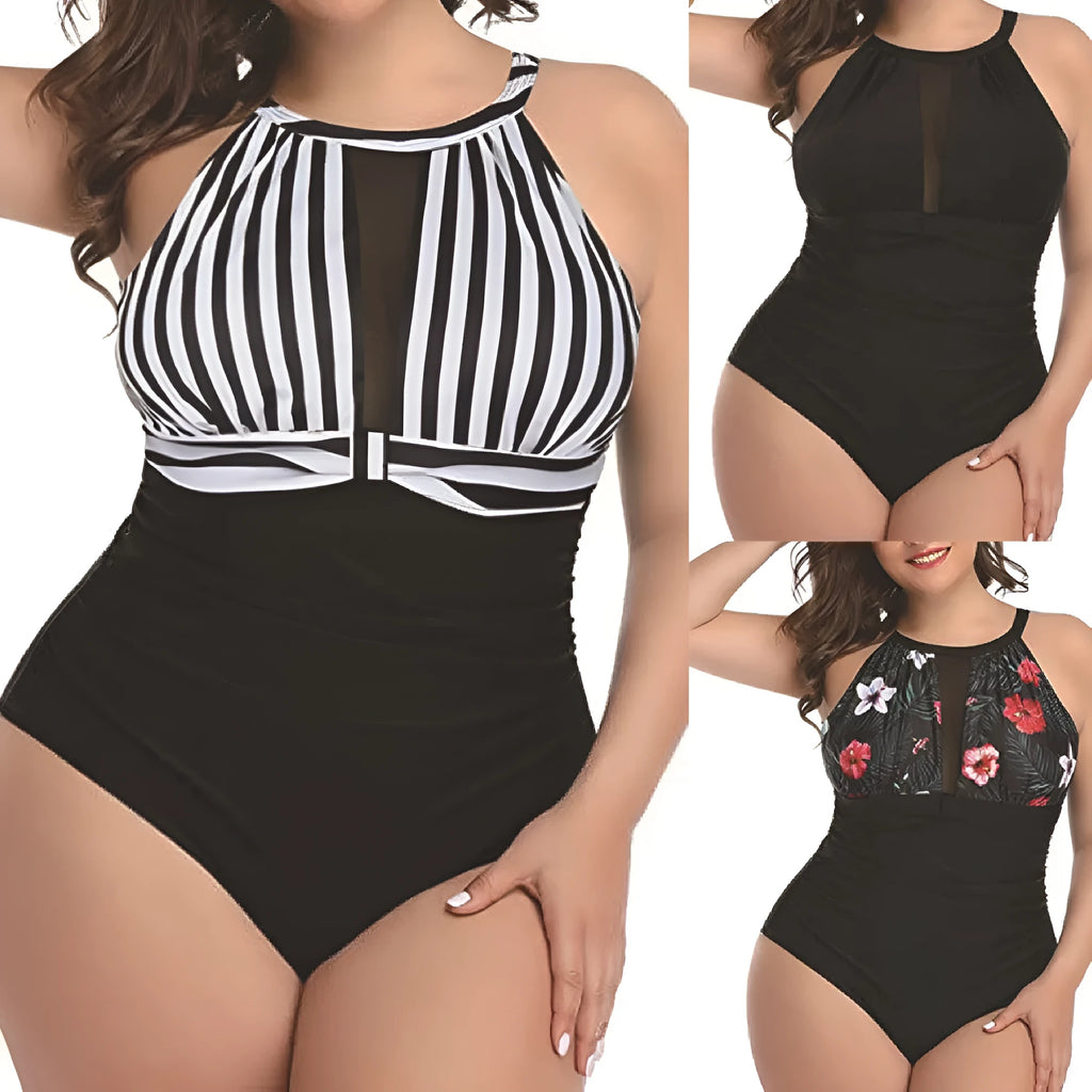 Women's one-piece lace swimsuit in polyester available in black, stripes, or red flower patterns